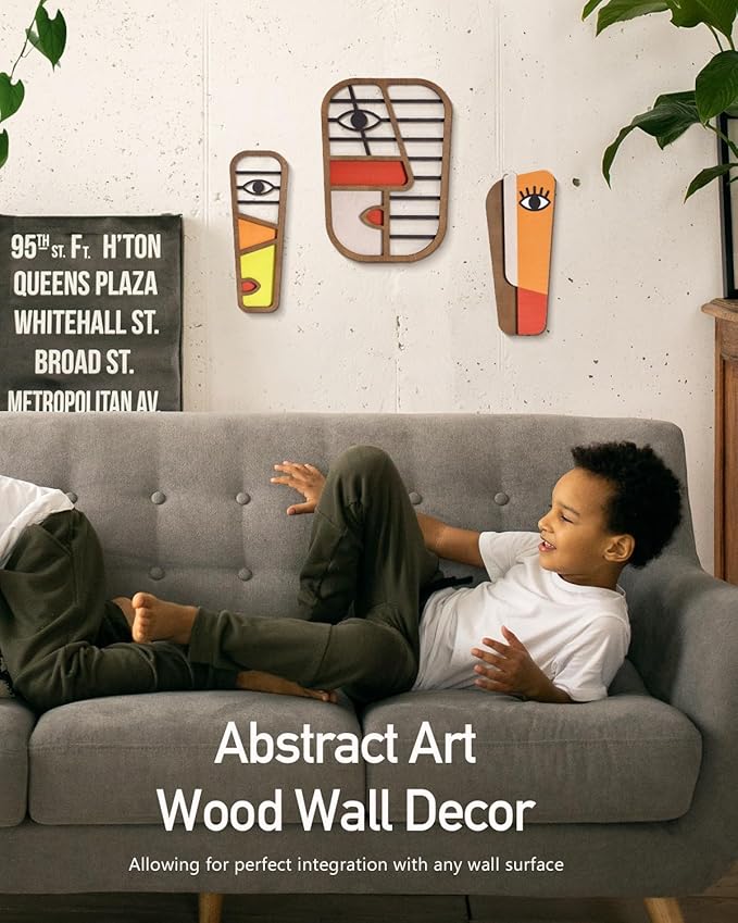 LIFVEAN Abstract Wood Picasso Wall Art Decor - Large Size Modern Minimalism Mask Home Wall Decor - Vintage Pop Wall Art for Bedroom Bathroom Living Room, (3 Piece)