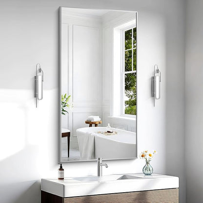 BONEWEI Silver Bathroom Mirror,24x48 inch Wall Mirror for Bathroom Wall Mounted,Large Rectangle Mirror for Bathroom Over Sink,Modern Metal Frame for Living Room,Bedroom Entryway,Horizontal/Vertical