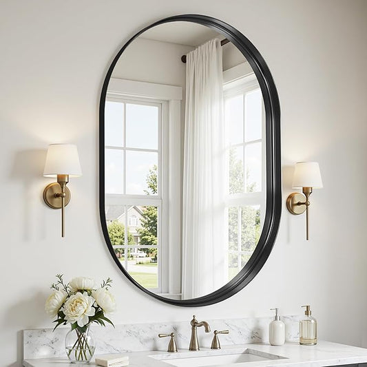 Oval Bathroom Mirror, 24x36 Inch Black Oval Wall Mirror with Metal Deep Frame, Mirrors for Wall Decor, Vanity, Entryway, Living Room, Horizontally/Vertically