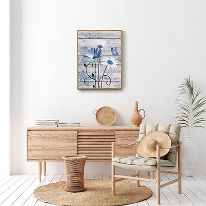 HVEST Blue and White Floral Wall Art for Living Room, Rustic Daisy Butterfly on Farmhouse Wood Canvas Wall Art Nature Plant Flower Pictures for Bedroom Bathroom Decor Framed Artwork, 17L X 12W inches