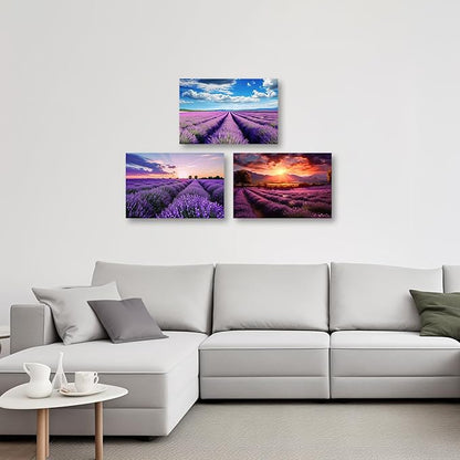 CCWACPP Lavender Canvas Wall Art 3 Panels Purple Lavender Floral Fields Sunset Pictures Large Landscape Living Room Decor Frame (11x14inchx3Pcs)
