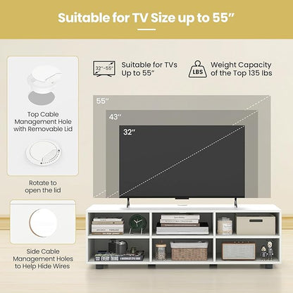 Tangkula White TV Stand for TV up to 55 Inch, TV Console Table with 6 Cubbies, 5 Positions Adjustable Shelves, Wood Media Entertainment Center for Living Room (Modern, 45", TVs up to 55")