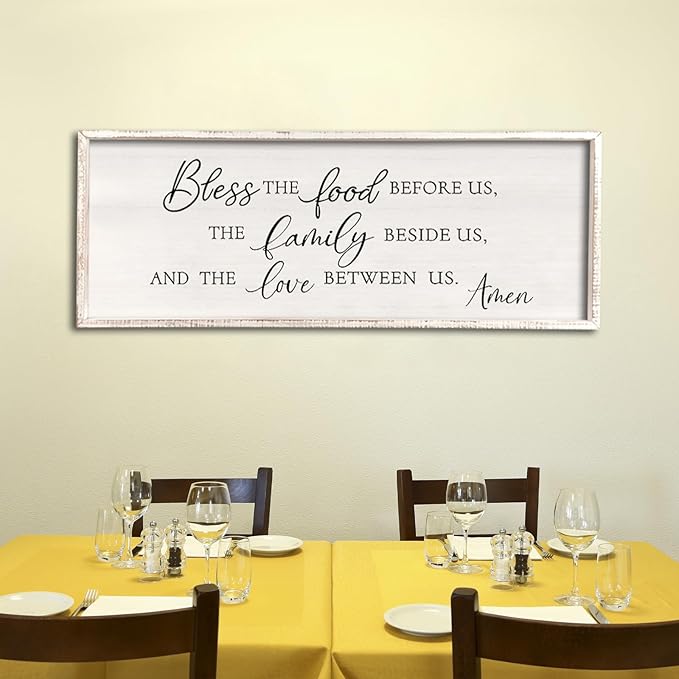 Bless the Food Before Us Wall Decor Sign 40" X 15" Dining Room Wall Decor Framed Wood for Large Farmhouse Vintage Prayer Catholic Kitchen Wall Hanging Scripture Bible Verse Art (White)