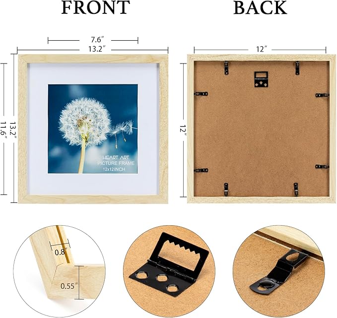 HEART ART 12x12 Natural Wood Picture Frame Set of 9, Display Pictures 8x8 with Mat or 12 x 12 without Mat, Multi Collage Gallery Square Photo Frames for Wall