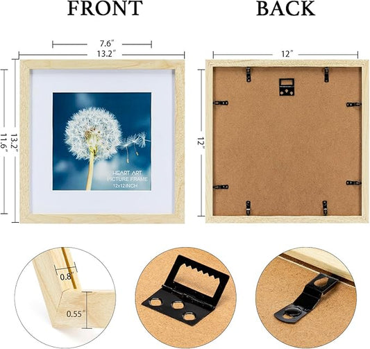 HEART ART 12x12 Natural Wood Picture Frame Set of 9, Display Pictures 8x8 with Mat or 12 x 12 without Mat, Multi Collage Gallery Square Photo Frames for Wall