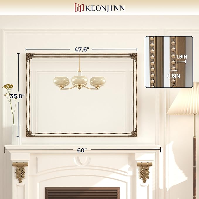 Keonjin Gold Vintage Mirror 48 x 36 Inch, Antique Mirrors Rectangle, Traditional Mantel Decoration, Baroque Style Wall Decor for Hallway, Fireplace, Entryway, Living Room, Anti-Rust, Waterproof