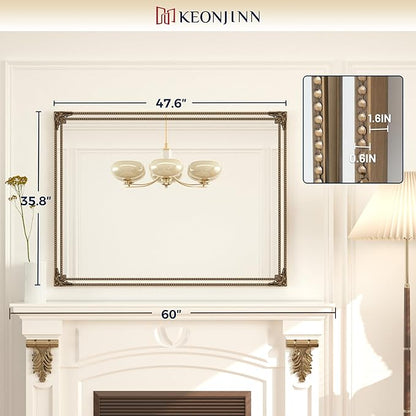 Keonjin Gold Vintage Mirror 48 x 36 Inch, Antique Mirrors Rectangle, Traditional Mantel Decoration, Baroque Style Wall Decor for Hallway, Fireplace, Entryway, Living Room, Anti-Rust, Waterproof