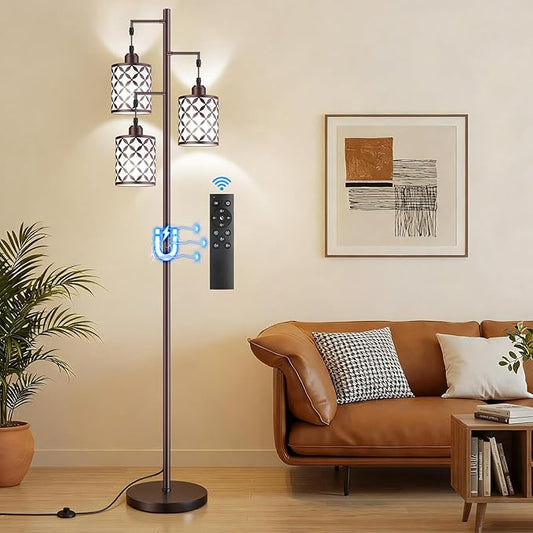 Dimmable Floor Lamp, Farmhouse Standing Lamp with Elegant Metal Cage, Industrial Tall Tree Floor Lamps for Living Room, Bedroom, Study Room, Office, 3 x 800LM LED Bulbs Included, 72", Brown