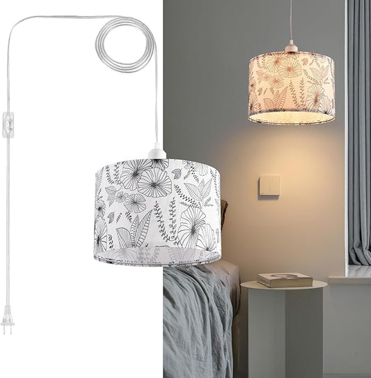 2 Pack Plug in Pendant Light, Hanging Light with 15Ft Clear Cord, On/Off Switch, Flower Fabric Lamp Shade, Hanging Light Fixture for Bedroom, Kitchen, Living Room, Dining Table