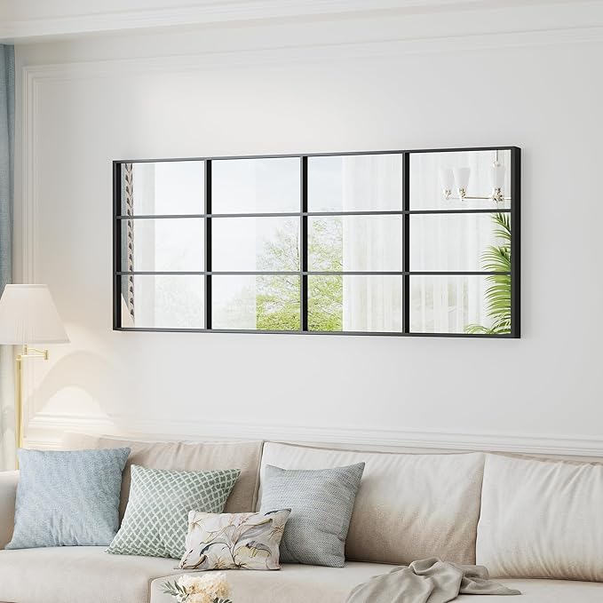 Mirror Full Length, 65"x22" Large Rectangular Mirrors, Black Window Pane Wall Body Mirror with Aluminum Frame, Farmhouse Standing Mirrors Hanging or Leaning for Living Room,No Stand