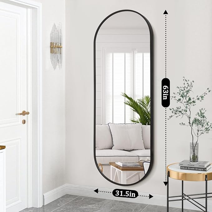 JJUUYOU Oval Full Length Mirror Black Metal Framed Bathroom Mirrors for Wall 63"X32" Inch Matte Bedroom Vanity Mirror Farmhouse Anti-Rust Tempered Glass Hangs Horizontally or Vertically Mirrors