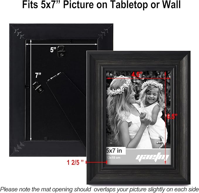 Yaetm Black 5x7 Picture Frame Set of 4, 1.4” Wide Molding & Distressed Black Photo Frames 5 x 7 with HD Tempered Glass, Display on Tabletop & Wall Mounting, 4 Pack