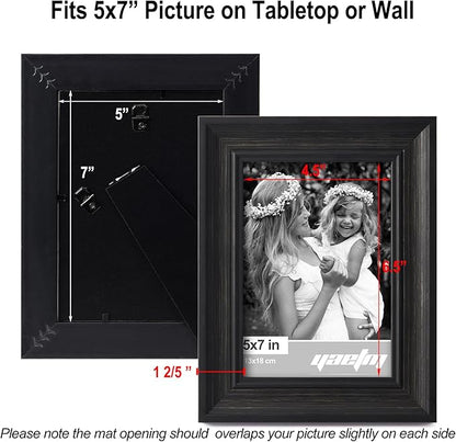Yaetm Black 5x7 Picture Frame Set of 4, 1.4” Wide Molding & Distressed Black Photo Frames 5 x 7 with HD Tempered Glass, Display on Tabletop & Wall Mounting, 4 Pack
