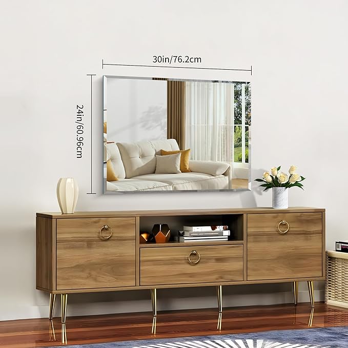 CILIBER Beveled Mirror, 24x30 Frameless Beveled Bathroom Mirrors for Wall, 3mm Tempered Glass Rectangle Vanity Mirror with Beveled Edge, Crystal-Clear, Hangs Horizontally or Vertically