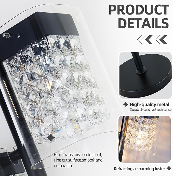 Crystal Table lamp-Modern Black Lamps for Living Room,Plug in Bedside Lamps with Switch,Elegant Desk lamp for Room Decor,Bedroom,Dining Room,23" Tall