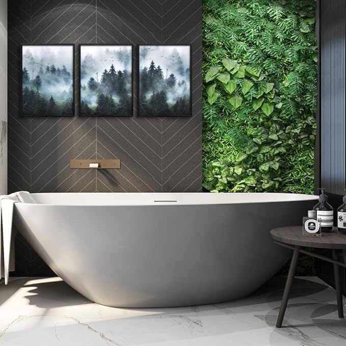 DZRWUBHS Framed Canvas Wall Art - 3 Piece Set, Foggy Forest Trees Landscape Painting, Black, Modern Wall Decor for Living Room, Bedroom, Kitchen etc.