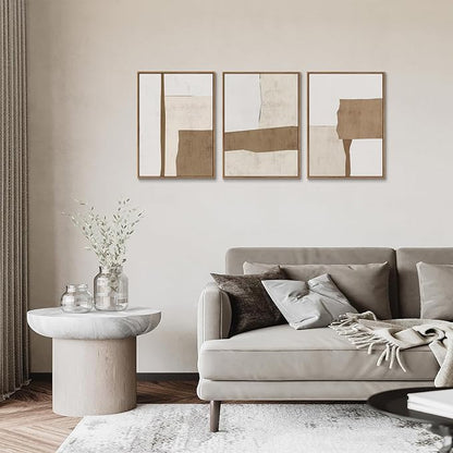 myusuar 3 Piece Large Modern Abstract Canvas Framed Wall Art For Living Room, Brown And Beige Block Minimalist Wall Art Decor Posters Prints For Bedroom Office, 12x16in