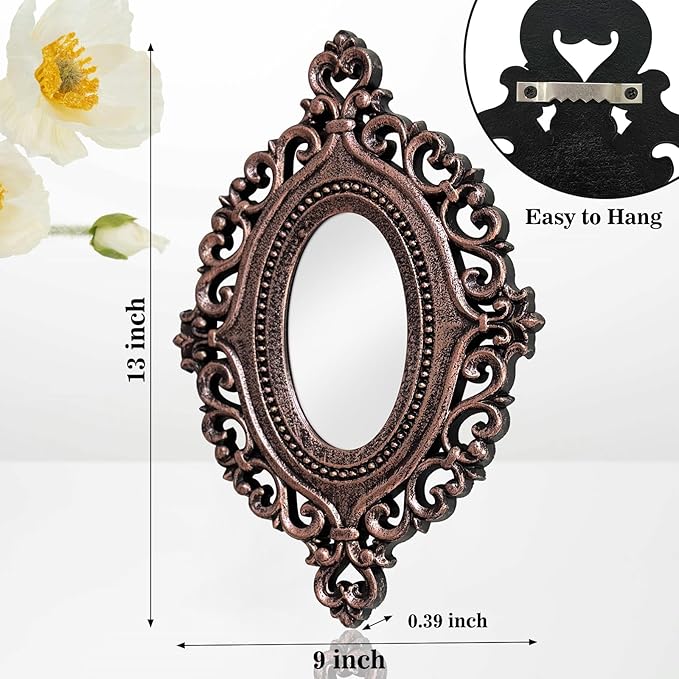 2 Set Oval Wood Carved Wall Mirror Baroque 3D Relief Rustic Home Decor Small Decorative Hanging Mirrors for Living Room, Bedroom Entrance Wall Sculpture