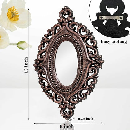 2 Set Oval Wood Carved Wall Mirror Baroque 3D Relief Rustic Home Decor Small Decorative Hanging Mirrors for Living Room, Bedroom Entrance Wall Sculpture