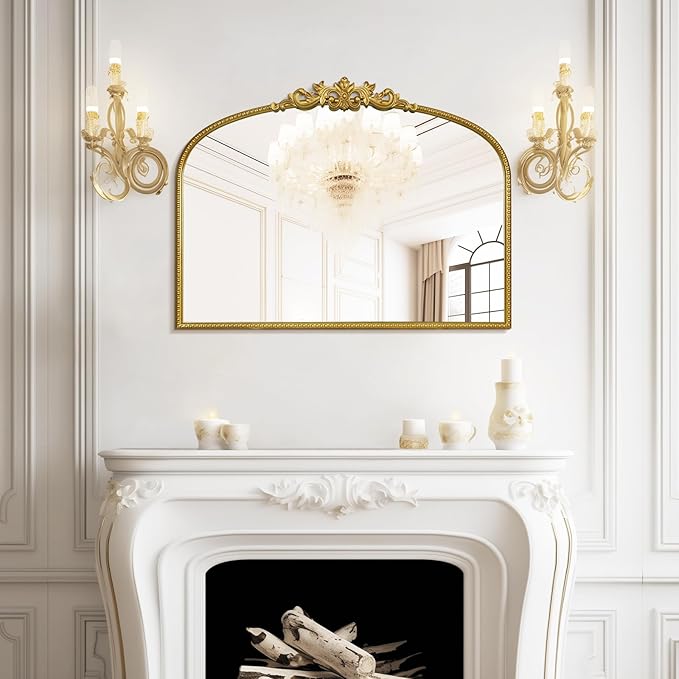 WallBeyond Gold Vintage Mirror for Vanity 32x24 Inch, Gold Antique Mirror with Ornate Frame, Arched Vintage Wall for Bathroom, Living Room, Fireplace, Entryway