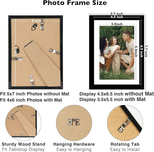 JCJMY 5x7 Picture Frame with 4x6 Mat Set of 6, Display Photo 4x6 with Mat or 5x7 without Mat, 5 by 7 Wall Poster Photo Frame with Shatter Resistant Plexiglass for Wall or Tabletop, 6 Pack, Black
