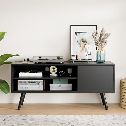 Cozy Castle TV Stand for 48-55 Inch TV, Mid Century Modern Entertainment Center with Storage Cabinet, TV Media Console with Charging Station for Living Room (Black, 43.3" W x 15.7" D x 19.5" H)