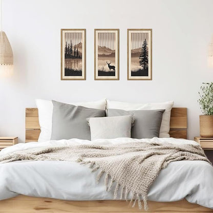 HPNIUB 3PCS Jungle Animals Wall Decor,Rustic Mountain Forest Wooden Sign for Living Room,Silhouette Abstract Deer Pine Tree Hanging Wood Plaque Wall Art Nature Wall Sculpture for Home Office(8x16Inch)
