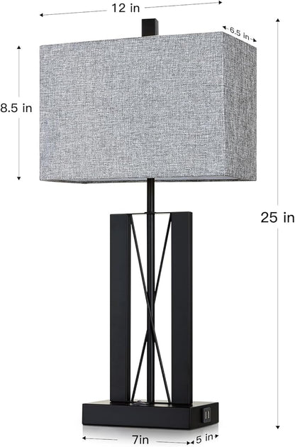 Lolikit 25" Table Lamps Set of 2, Modern Table Lamp for Living Room with 2 USB Charging Ports, Nightstand Geometric Industrial Bedside Lamp with Gray Shade for Bedrooms End Table Decor, Bulbs Included