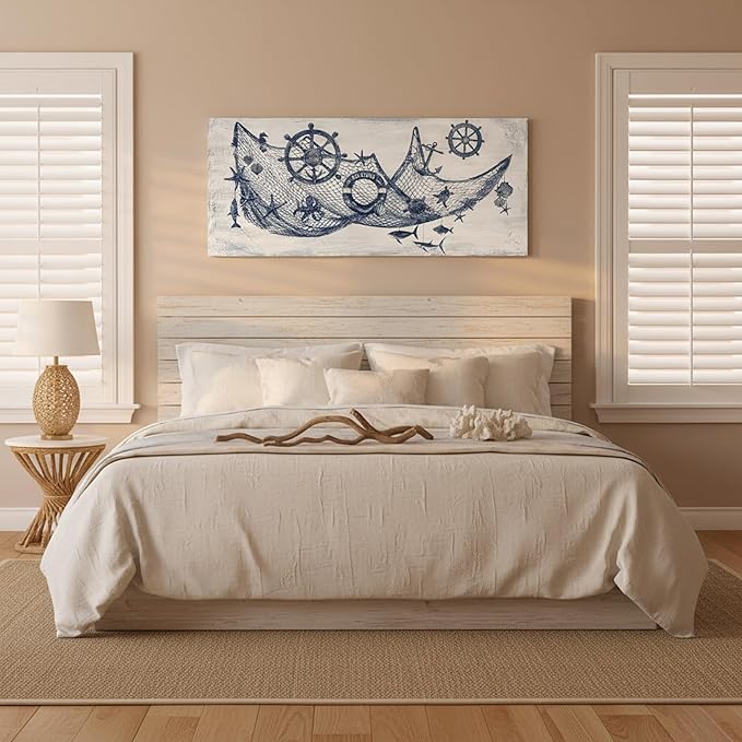sechars Nautical Decor Wall Art Fishing Net with Boat Wheels and Shells Picture Paintings Vintage Lake House Wall Decoration 20 x 48 inches (Blue)