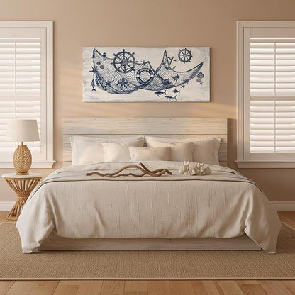 sechars Nautical Decor Wall Art Fishing Net with Boat Wheels and Shells Picture Paintings Vintage Lake House Wall Decoration 20 x 48 inches (Blue)