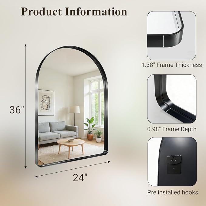 Arched Bathroom Mirror, 24"x36" Black Mirror for Wall Mounted Vanity Mirror for Over Sink with Tempered Glass, Aluminum Alloy Deep Frame, Farmhouse for Bedroom, Entryway, Living Room