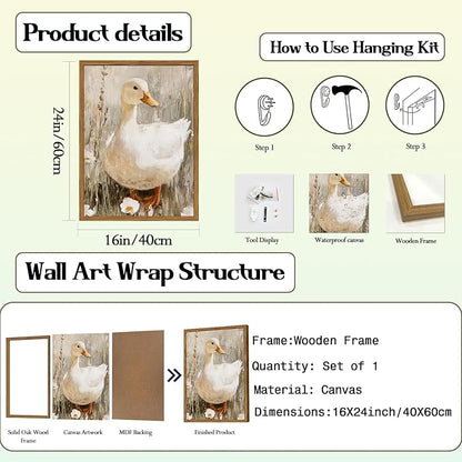 Framed Vintage Duck Canvas Wall Art, Cute Farmhouse Animal Pictures Wall Decor, Rustic Country Nature Paintings Prints Cottagecore Home Decor for Living Room Bedroom Bathroom 16x24 inch
