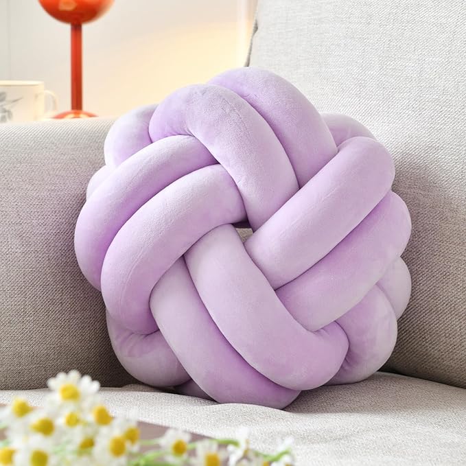 Knot Ball Pillow, Round Decorative Throw Pillows Cushion, 8 Inch Lilac Soft Plush Knotted Pillows Pillow, Modern Home Throw Knot Decorative Cushion