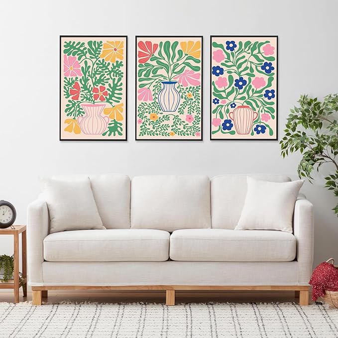 CHDITB Matisse Flowers Vase Framed Canvas Wall Art(16"x24"), 3 Panels Colorful Boho Florals Botanical Plants Artwork Printings, Large Scandinavian Gallery Decor Painting for Bedroom Dining Room Office