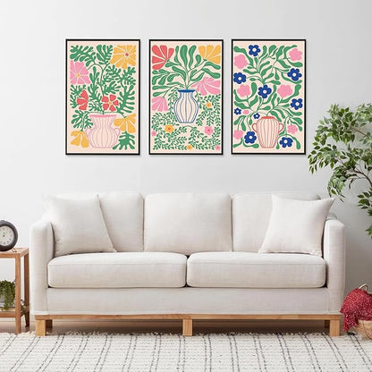 CHDITB Matisse Flowers Vase Framed Canvas Wall Art(16"x24"), 3 Panels Colorful Boho Florals Botanical Plants Artwork Printings, Large Scandinavian Gallery Decor Painting for Bedroom Dining Room Office