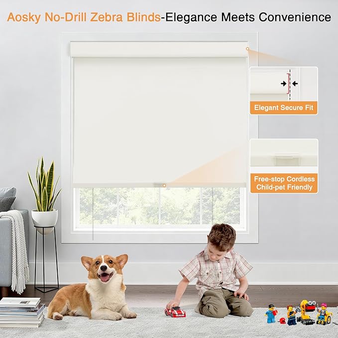 AOSKY No Drill Cordless Blackout Roller Shades with Valance,Customize Blinds for Indoor Windows,Room Darkening Window Shades Pull Down with Free-Stop Spring System, UV Protection for Home Ivory