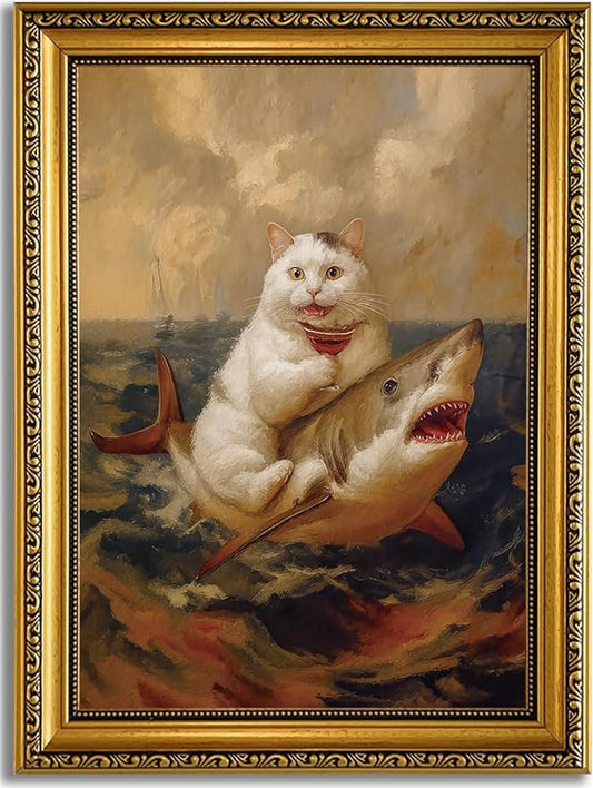 YD&YZY Gold Framed Funny Cat Bathroom Wall Art Canvas Vintage Quirky Humor Wall Decor Cat Riding Shark Martini Painting Picture Print Artwork for Bedroom Living Room Bathroom 12x16 inch Framed
