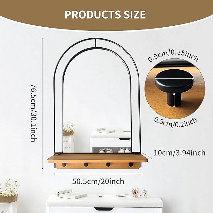 BAODANFU Wall Mirror with Foldable Wood Shelf, Black Bathroom Mirror with 4 Metal Hooks, 20x30 inches Arch Makeup Vanity Mirrors Decorative for Entryway, Bedroom, Dressing Room