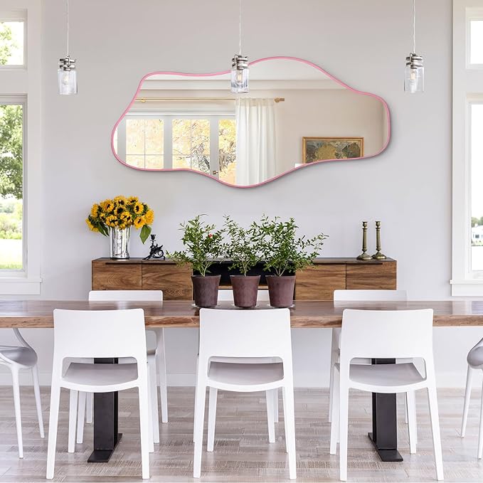 Irregular Mirror Full Length, 67"x31" Asymmetrical Tempered Glass Wall Mirror, Large Pink Organic Frameless Mirrors for Living Room Bedroom Hallway Entryway, Horizontal or Vertical Hanging