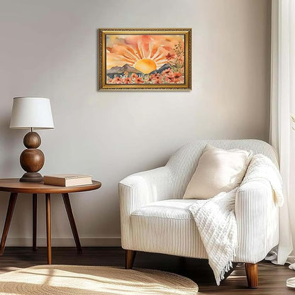 WZGZXU Gold Framed Wall Art Boho Wall Decor Sunset Canvas Art Sun Pictures Wildflower Paintings Landscape Prints Watercolor Artwork For Living Room Bedroom Office