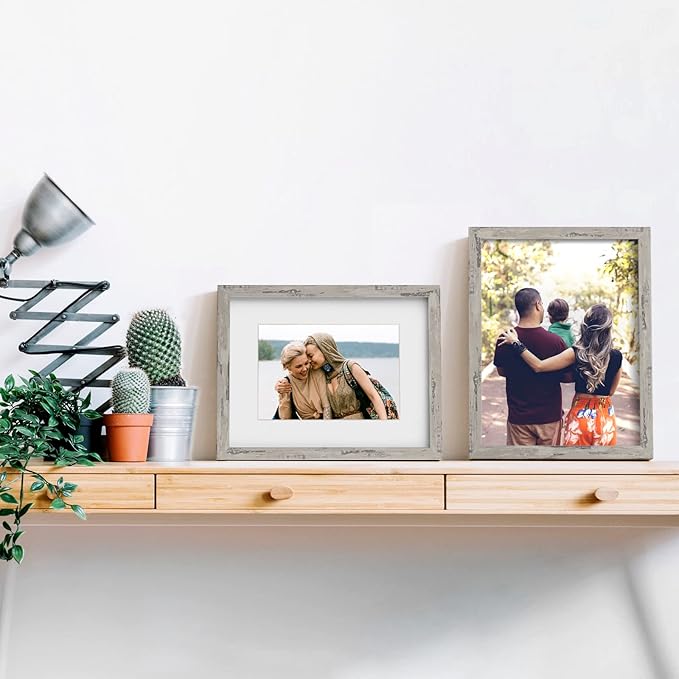Picture Frames 11x14 Set of 6, Distressed Grey Photo Frame, Display Pictures 8x10 with Mat or 11x14 Without Mat, Washed Farmhouse Frame