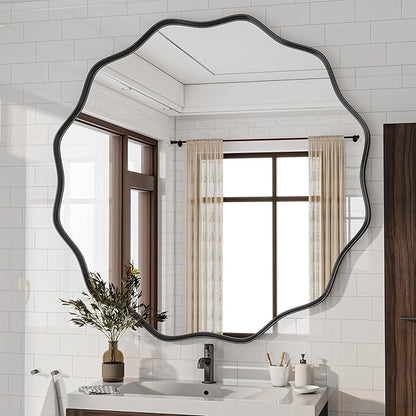 Round Wavy Mirror, 36 Inch Metal Frame Circle Mirror, Round Wall Mounted for Entryway, Bathroom, Vanity, Living Room, Black
