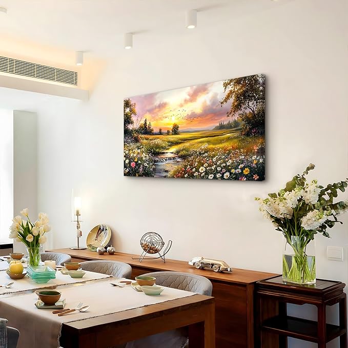 crmotu Sunset Landscape Wall Art, Country River Scenery Large Painting, Nature Wildflower Daisy Artwork for Walls, Rustic Canvas Pictures Wall Decor Living Room Bathroom Kitchen Prints 20X40 In