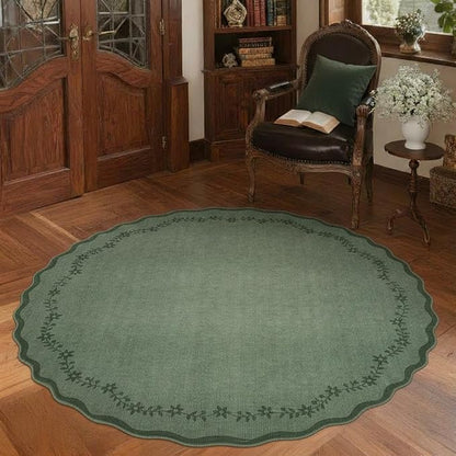 GarveeHome Round Area Rugs 4ft for Kids Room, Solid Dark Green Scalloped Washable Circle Rug Soft Non Slip Floral Print Floor Mat Carpet Indoor Thin Tent Rug for Bedroom Dining Room Playroom Nursery