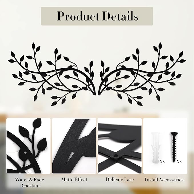 Meltset Metal Tree Leaf Wall Decor, Vine Olive Leaf Branch Wall Art, Black Metal Art, Wrought Iron Scroll Wall Decor, Decorative Wall Sculpture Above Bed, Living Room,Bathroom,Indoor Outdoor(L/Black)