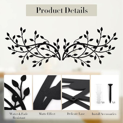 Meltset Metal Tree Leaf Wall Decor, Vine Olive Leaf Branch Wall Art, Black Metal Art, Wrought Iron Scroll Wall Decor, Decorative Wall Sculpture Above Bed, Living Room,Bathroom,Indoor Outdoor(L/Black)