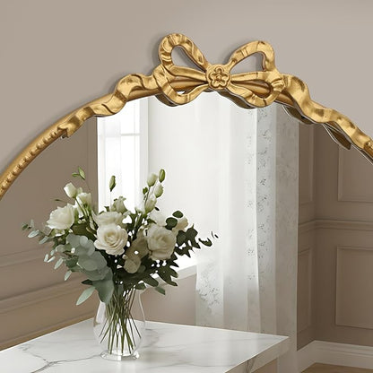 Besdomus Gold Round Bow Mirror: 27" Modern Circle Bathroom Vanity Mirror - Baroque Traditional Ornate Beaded Decorative for Wall/Cloakroom/Bedroom/Dressing Room - Ideal for Fashion Conscious Women