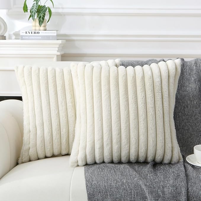 Decorative Throw Pillow with Inserts, Set of 2 Soft Faux Fur Throw Pillows, Square Boho Striped Pillow for Couch, Bed, Sofa Decor(Beige, 18" x 18")