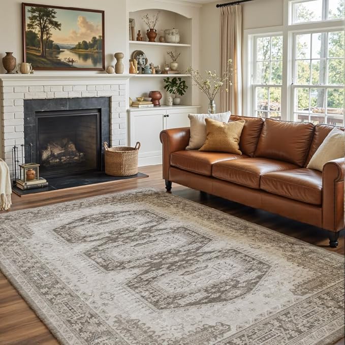 5x7 Area Rugs Grey Brown Washable Rug for Living Room, Dining Room, Bedroom, Large Carpets, Non Slip & Non-Shedding Low Pile Vintage Print Rug for Home Office Decor