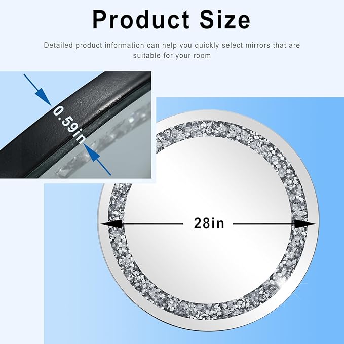 28 Inch Crushed Diamond Round Glass Wall Mirror, Bathroom Mirror, Wall Decoration Hanging Mirror, Suitable for Living Room, Bedroom, Vanity